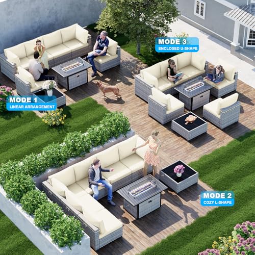 Image of Outdoor PE Wicker Rattan Modular Patio Sectional Sofa Set | 8-Piece: 6 Modular Seats, Coffee Table & 55,000 BTU Fire Pit Table, Ivory