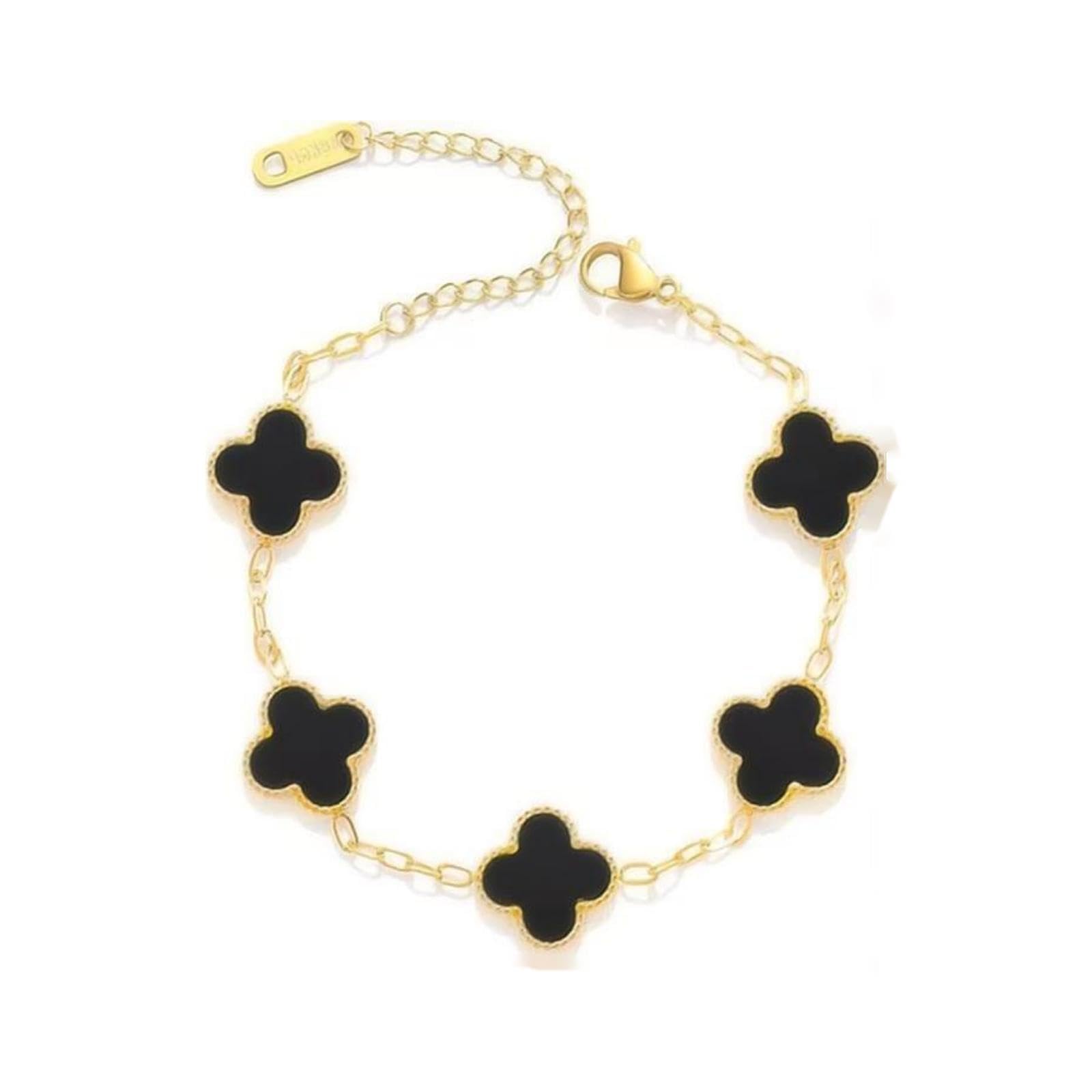 Stunning Four Leaf Clover Bracelet - 18K Gold Plated Stainless Steel Wrist Jewelry for Women - Symbol of Luckc lover bracelet for Mother and Daughter - Black Gold Design