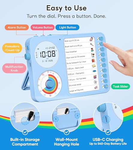Image of 3-in-1 Visual Timer & ADHD Tool for Kids - ADHD Task Timer for Adults with Visual Schedule, Chore Chart & Planning Board for Home, School, Classroom, Work (Blue)