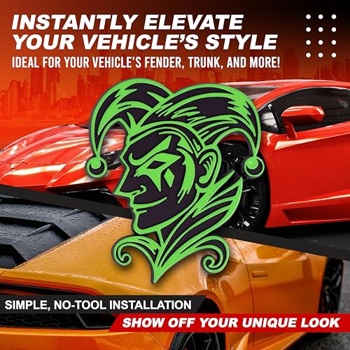 Image of Joker Emblem 3D Jester Badge - Custom Car Decal Sticker for Car, Truck, SUV - Durable Exterior Trunk, Hood, Fender (Set of 2) (Green)