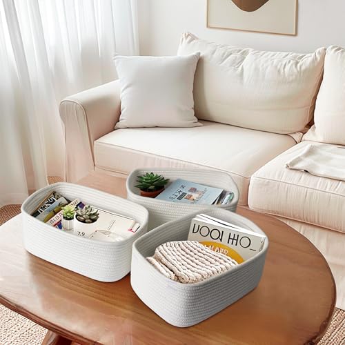 Image of MEGASKET Small White Baskets for Organizing, Woven Storage Baskets for Shelves, Cotton Rope Gift Bins Empty, Decorative Organizer Box, Wicker Towel Bathroom Storage, 13.8 inchx8.8 inchx5.5 inch