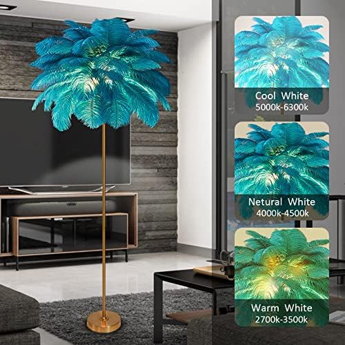 AvgnLxqe Natural Ostrich Feather Floor Lamp, Simple Modern Bedroom and Living Room Standing Lamp, Blue Feather Light Dimmable for Bedroom Office Hallway Golden Lamp Body, G4-LED Bulb