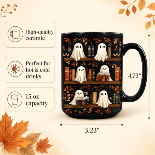 Hyturtle Cute Ghost Read Book Mug - Black Coffee Cup Ceramic Mug 15 Oz And Keychain - Book Gifts For Women Lover - Bookish Gift For Bookworm Librarian - Inspirational Librarian Present For Halloween - Image 4