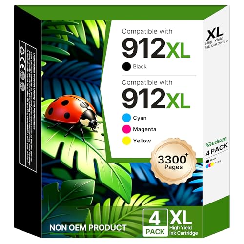 Redsee 912XL Ink Cartridges Multipack Compatible for HP 912 Ink Cartridges for HP OfficeJet Pro 8020 8024 8022 8023 8025 OfficeJet 8010 8012 8014 8013 8015 8017 (Black/Cyan/Magenta/Yellow 4 Pack)