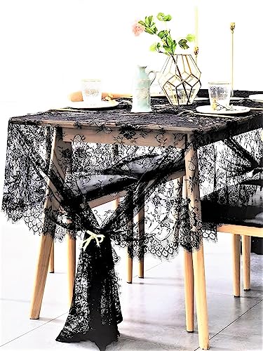 BOXAN 60x120 Inch Gorgeous Black Lace Tablecloth Overlay Rose Vin...