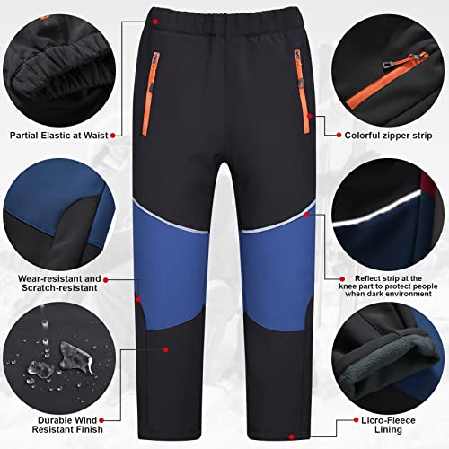 Asfixiado Kids Boy's Youth Snow Ski Waterproof Fleece Lined Hiking Pants, Girls Softshell Winter Windproof Insulated Snowboard Pants #1510-Black/Dark Blue-L #TOP1