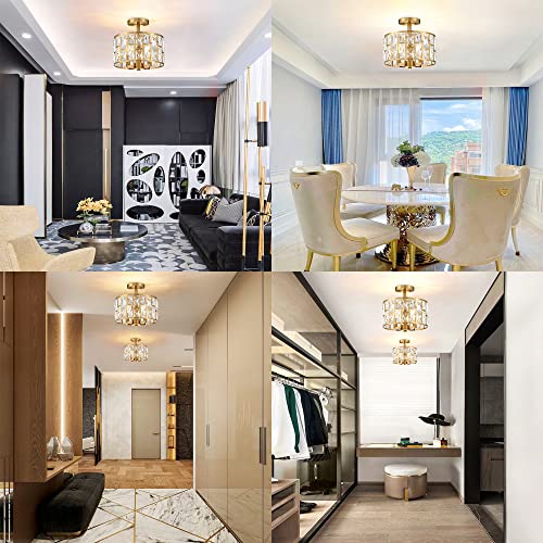 MEXO Gold Finish 3LT Crystal Semi Flush Mount Ceiling Light Fixture, Cylinder Drum Shade, Close to Ceiling, Perfect for Kitchen, Dining Room, Bedroom, Living Room, Entryway, Foyer by MEXO - Image 5