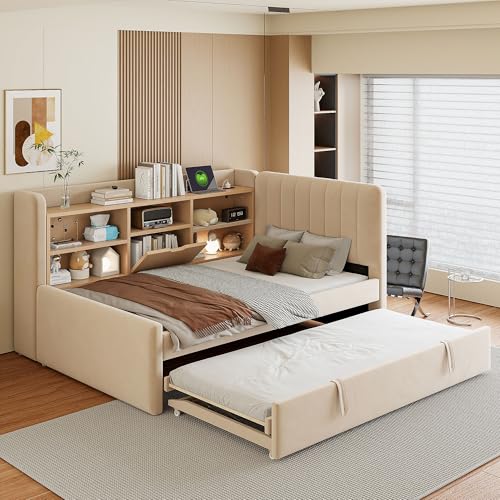 Aurnienofus Twin Daybed with Trundle, Storage, USB, Beige