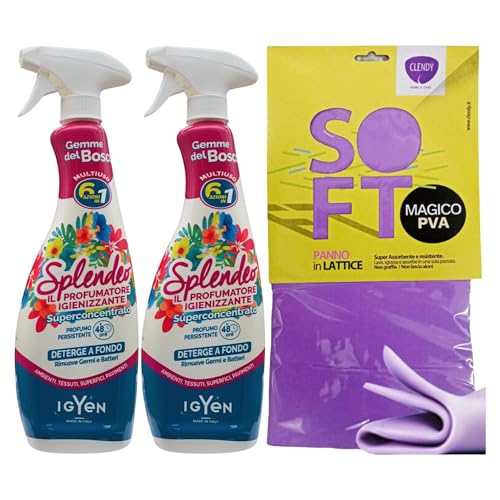 Detergente Multiuso Spray, Il Profumatore Igienizzante Superconcentrato, GEMME DEL BOSCO. Deterge a Fondo, Rimuove Germi e Batteri, 48h di Pulito Profumato 750ml (2 Spray) + Panno In Lattice SOFT