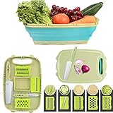Gintan Tabla de Cortar Multifunción 9 en 1 Tabla Cortar Cocina Canasta de Drenaje Plegable con 5 Piezas Rebanador de Verdura Cesta de Almacenamiento(Azul & Verde)