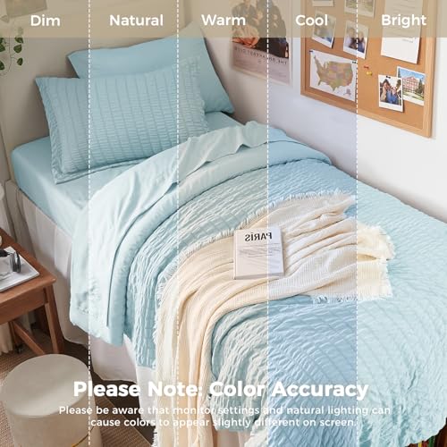 Image of HYMOKEGE Lake Blue Twin XL Comforter Set Seersucker 5 Pieces, All Season Luxury Bed in a Bag for Bedroom, Bedding Set with Comforters, Sheets, Pillowcase & Sham