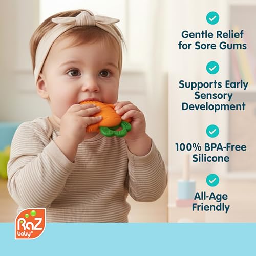 RaZbaby Carrot Teether – Gentle Relief & Sensory Development Support with Safe, Food-Grade Silicone; Nature-Inspired Texture Soothes Sore Gums; 100% BPA-Free Teething Toy for All Ages by RAZBABY - Image 2