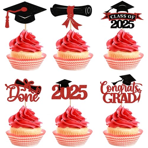 Class of 2025 Congrats Grad Cupcake Toppers, 36 pack Glitter Graduation Cap Diploma Cupcake Picks for 2025 Graduation Party Decoration (Red)