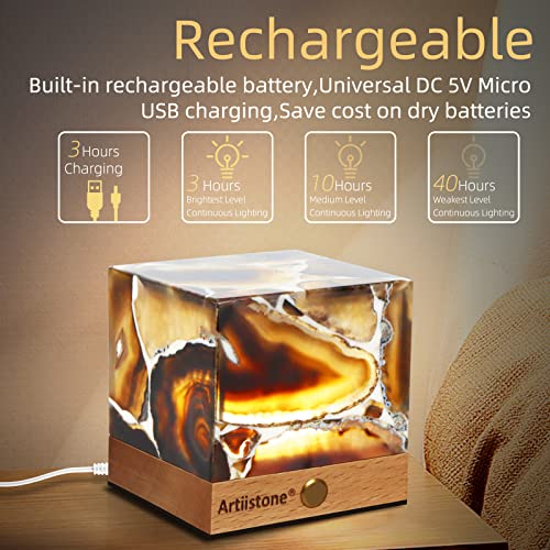 Artiistone Agate Night Light Natural Stone Crystal Lamp Gemstone Led Lights With Wooden Base Touch Control Usb Rechargeable For Home Decor Bedroom Gifts Kids #TOP1