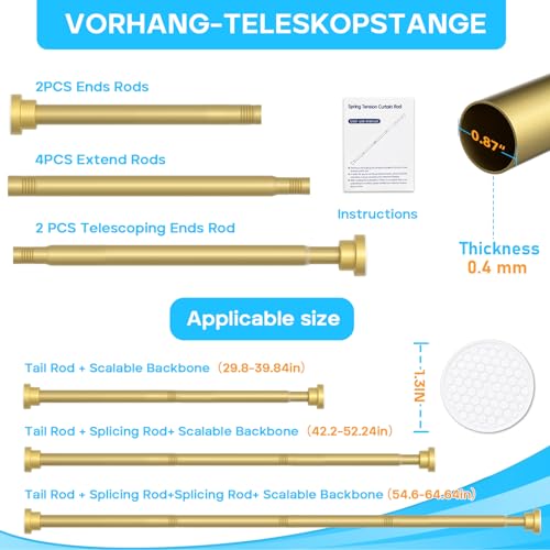 Image of MEXAU 2 Pack Tension Curtain Rod For Window 30-64 Inches Adjustable Expandable Gold Spring Tension Rod Spring Curtain Rods No Drilling Extension Rods Tension Rod for Closet Doorway Kitchen