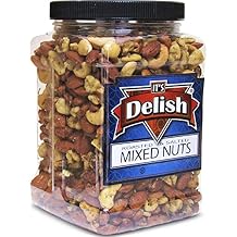 Deluxe Roasted Salted Mixed Nuts in Sea Salt by Its Delish Bulk 2 lbs Jumbo Reusable Container Jar - Premium Roasted Nut Mix Without Peanuts Delicious Snacking Nuts Great Parties Snacks, Keto, Vegan, Kosher