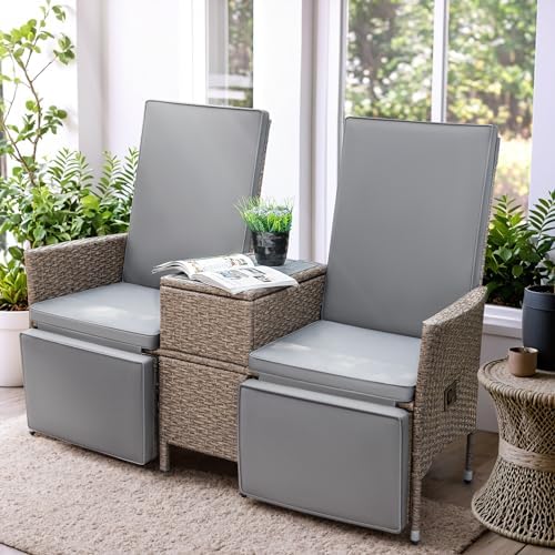 Amazon.com : Greesum Patio Recliner All-Weather Wicker Outdoor Loveseat Lounge Chairs with Built ...