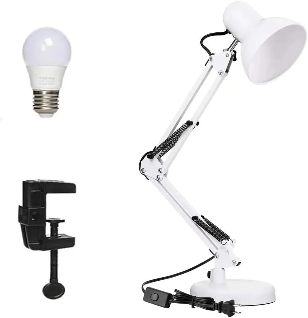 Desk Lamp With Metal Swing Adjustable Arm White Study Table Lamp Interchangeable Base Or Clamp Reading Light Eye Protect Study Office Folding Table Lamp
