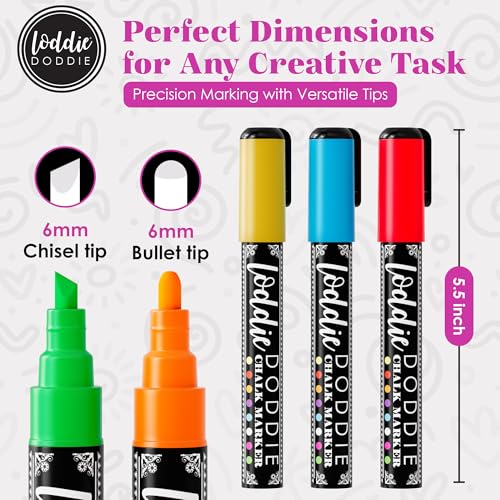 Loddie Doddie Liquid Chalk Markers - 8-Pack, 6mm Reversible Chisel & Bullet Tips - Erasable Neon Pens for Blackboard or Chalkboard - Chalk Markers for Blackboard - Thumbnail 5