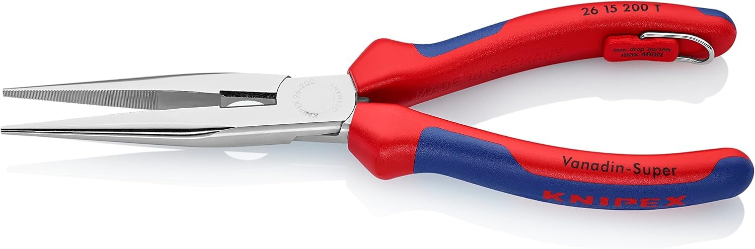 KNIPEX Flachrundzange mit Schneide (Storchschnabelzange) mit Mehrkomponenten-Hüllen, mit integrierter Befestigungsöse zum Anbringen einer Absturzsicherung verchromt 200 mm 26 15 200 T