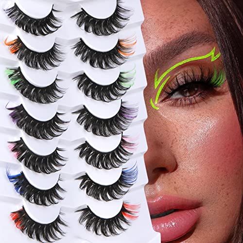 Colored Eyelashes False Lashes with Color Mink Colorful Lashes Pack Fluffy D Curl Color Lashes 3D Fake Eyelashes Pack 7 Pairs by Goddvenus