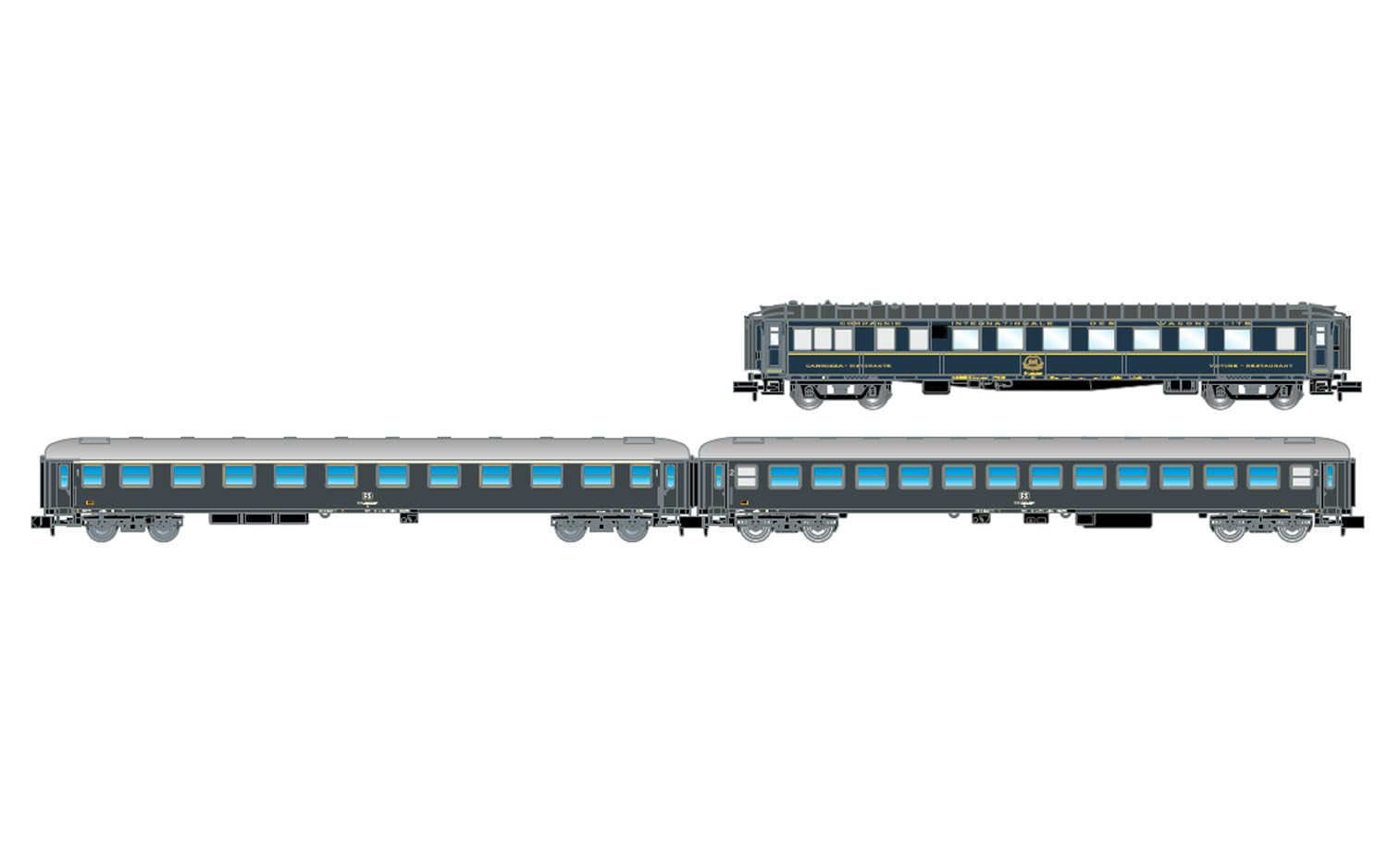 ARNOLD HN4469 FS, 3-unit pack express train, CIWL WR plus UIC-X 64 1st cl plus UIC-X 64 2nd cl grey, epIV Passenger Coaches
