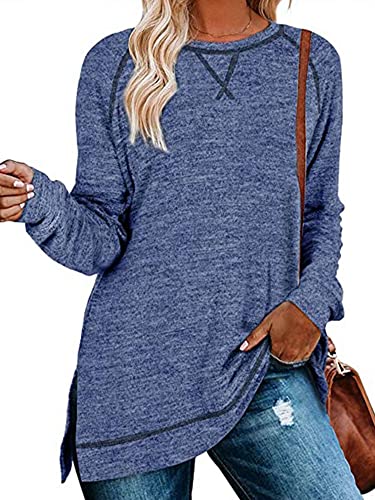 Shileyov Camiseta de manga larga suelta para mujer con cuello redondo y abertura lateral, azul real, XL Cover