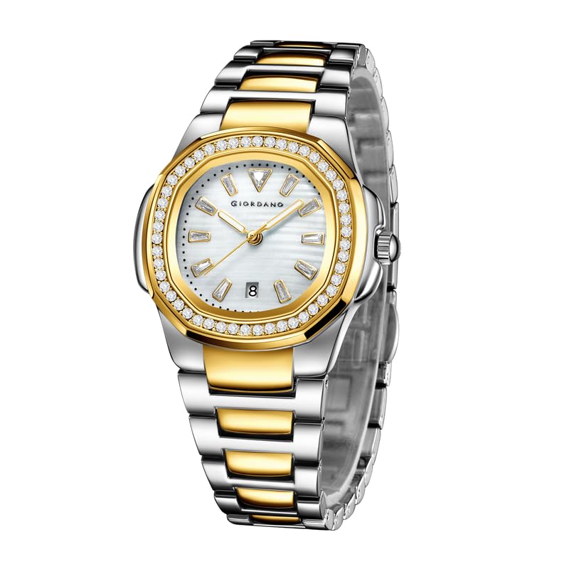 Image of Giordano Luxury Analog Quartz Watch for Women with Square Textured Dial, Crystal Indices, Date Display Function and Stainless Steel Strap - GZ-60116