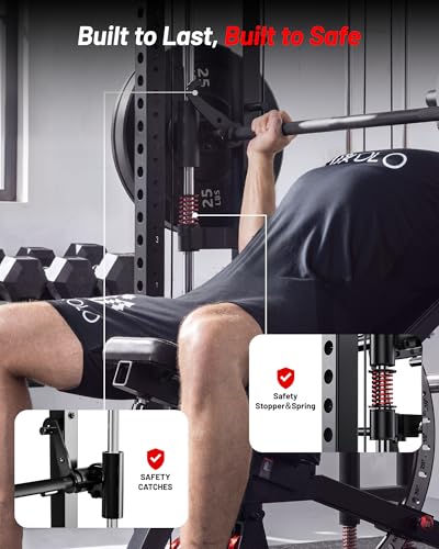 Image of Mikolo M4 2.0 Standard Smith Machine, Multi-Functions Squat Rack with LAT-Pull Down System & Cable Crossover Machine, Training Equipment with Leg Hold-Down Attachment, Red