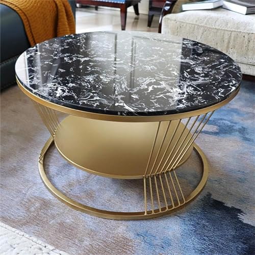 Image of Furniture Cafe Modern Round Coffee Table with Black Marble Look Top & Gold Metal Frame | 2 Tier Center Table with Storage Shelf | Luxury Accent Sofa Tea Table for Living Room, Bedroom, Balcony &Office