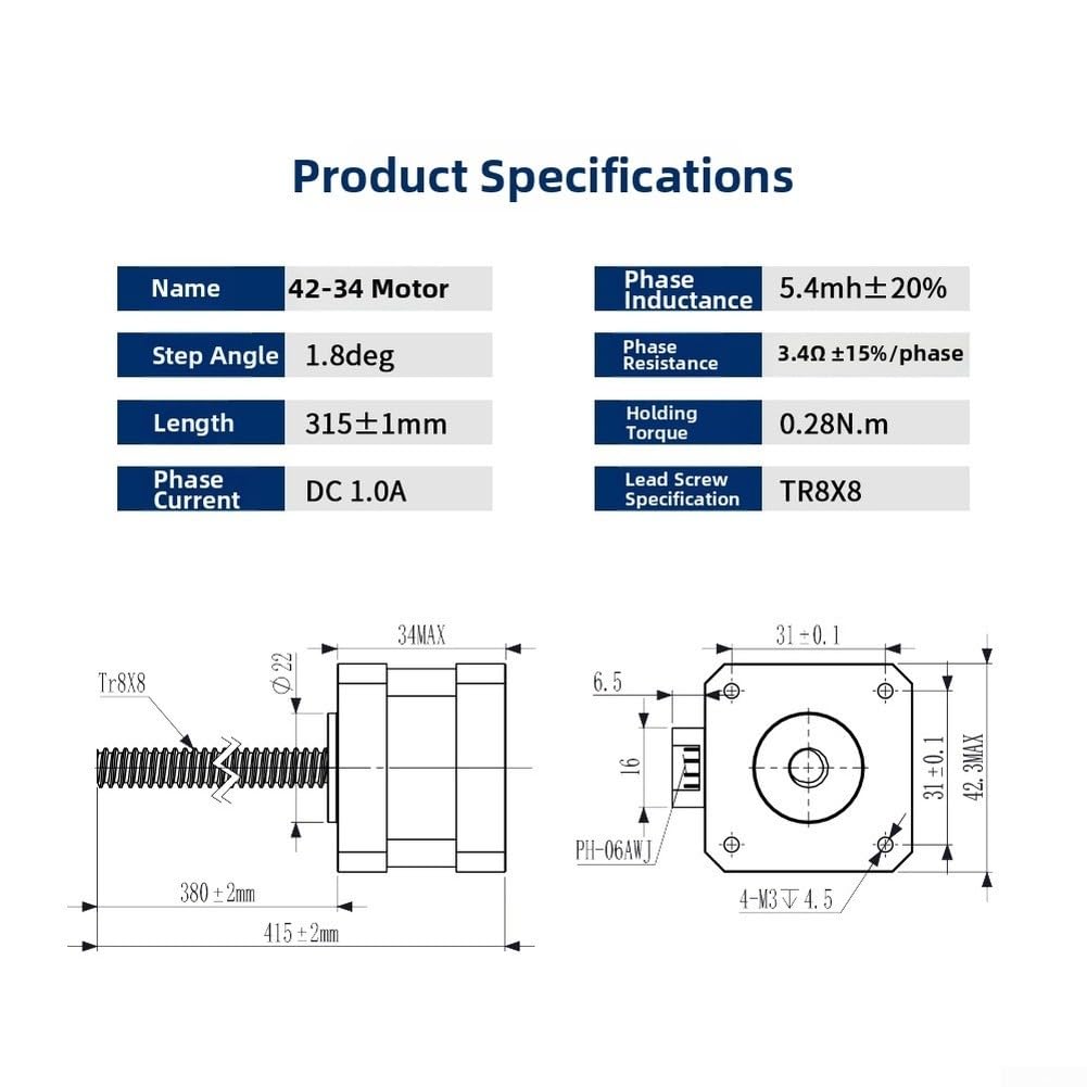 NEMA17 Motor paso a paso 40 Ncm para husillo T8 300 mm para impresora 3D