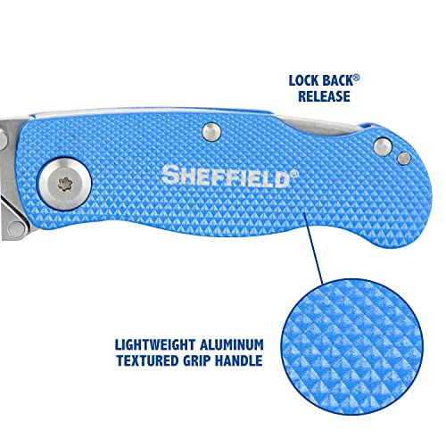Sheffield 12514 Folding Utility Knife 3 Pack, Quick Change Utility Knife Blades, Compact Aluminum Handle, Box Cutter, Razor Blades Included