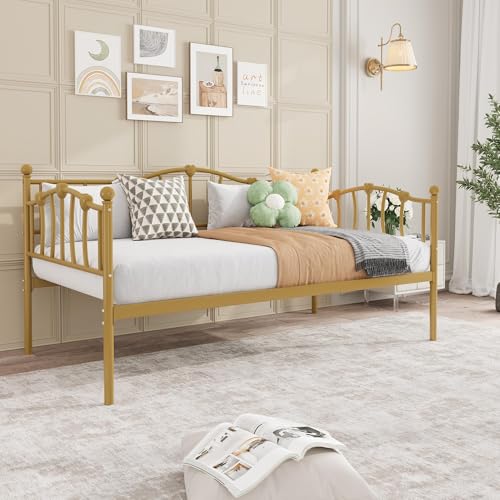 Image of Twin Daybed with Trundle, Metal Sofa Bed Frame with Steel Slat Support, Twin Size Space-Saving Multifunctional Furniture for Living Room, Bedroom, Love Heart Design, No Box Spring Needed, Gold