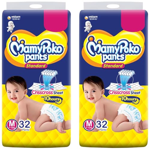 Image of MamyPoko Pants Standard Baby Diapers, Medium (M), 32 Count, 7-12 kg (Pack of 2)