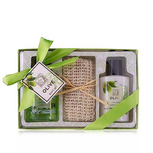 Accentra - Set doccia da donna, in bella confezione regalo – Set di 3 pezzi con gel doccia, lozione per il corpo e asciugamano in sisal – Set regalo per compleanno, San Valentino