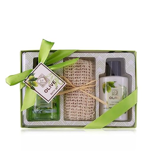 Accentra - set de regalo de ducha para mujer OLIVE en una hermosa caja de regalo - set de cuidado de 3 partes con gel de ducha, loción corporal y toalla de sisal - set de regalo de bienestar