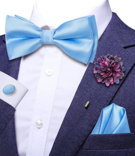 Image of Hi-Tie Sky Blue Bow Ties for Men Pocket Square and Lapel Pin Sets Cufflinks Mens Bowtie Sets for Wedding Formal Party