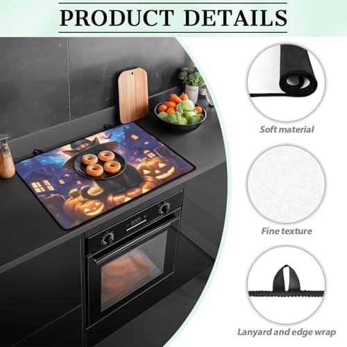 Image of Cat Pumpkin Stove Top Covers for Electric Stove Heat Resistant Stove Mat with Anti-Slip Rubber Base Folding Dish Drying Mat for Kitchen Easy to Clean Halloween Decor for Kitchen