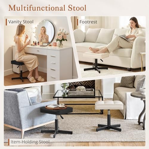 Image of LUE BONA Adjustable Vanity Stool, Foot Rest Under Desk, 360 Swivel Vanity Chair for Makeup Room, Black Upholstered Faux Leather Ottoman for Bathroom & Living Room, 300lbs