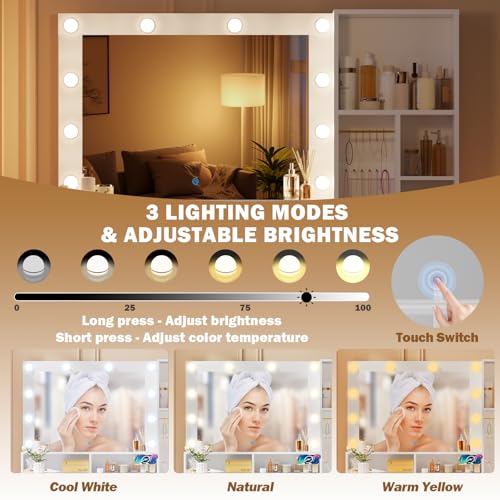 TRIUMPHKEY Dressing Table with Mirror and Lights,Vanity Desk with Drawers,Makeup Vanity with Open Shelves,Jewelry Hooks and Power Outlet for Bedroom,Modern (White) - Cosy Home Interiors TRIUMPHKEY Dressing Table with Mirror and Lights,Vanity Desk with Drawers,Makeup Vanity with Open Shelves,Jewelry Hooks and Power Outlet for Bedroom,Modern (White) - Image 4