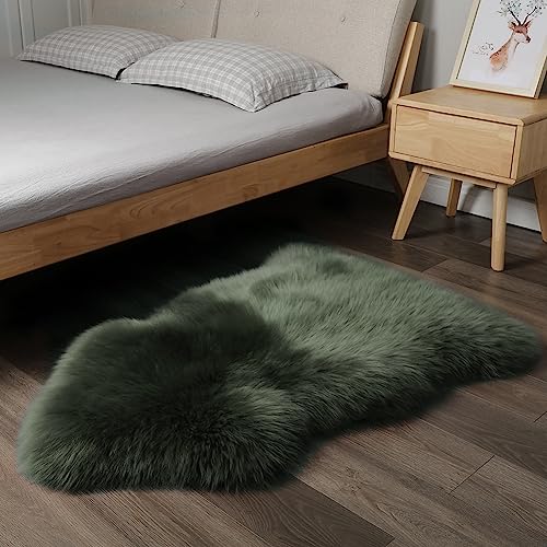 Premium Genuine Fur Sheepskin Rug Real Australia Sheepskin Natural Luxury Fluffy Lambskin Fur Area Rug Seat Covers for Kids Bedroom Sofa Chair Cover (Military Green, Single Pelt/2ft x 3ft)