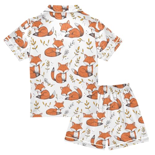 ALAZA Fox Leaves Pajamas Satin Pajama Set Short Sleeve Button Down Sleepwear2