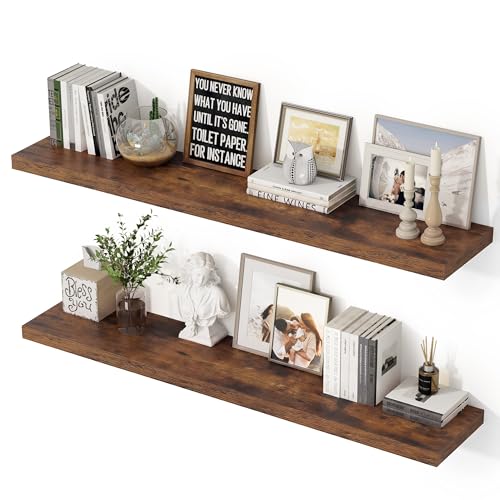 Image of 48 Inch Floating Shelves, 12 Inch Deep Floating Shelves for Wall, Extra Deeper & Thicker Wooden Wall Shelf with Invisible Brackets, Shelf for Bedroom Home Decor(Rustic Brown, Set of 2)