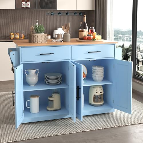 Carrito para servir con mesa plegable, 120 x 46 (70) x 91 cm, utensilios de cocina, islas de cocina móviles con ruedas y patas de madera intercambiables, ideal para cocina y comedor (azul)