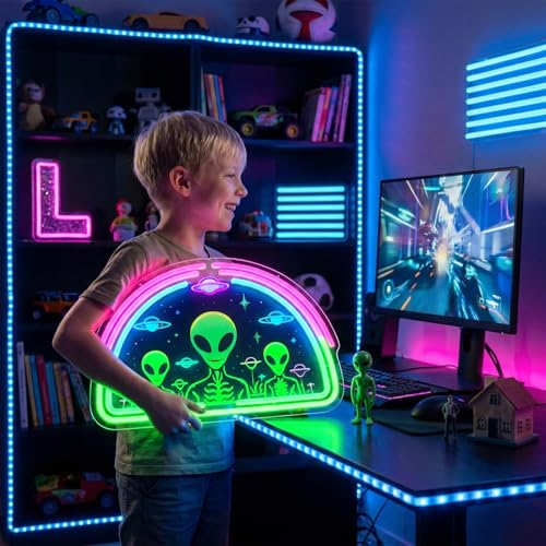 Image of Alien Neon Sign,Neon Signs for Wall Decor,Space UFO LED Neon Light Wall Decor for Game Room,Mancave,Dorm & Party,Dimmable USB Powered Neon Wall Art Aesthetic for Teens,Gamers & Sci-Fi Lovers