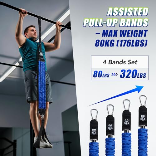 Image of ALongSong Pull Up Assistance Bands with Foot Support Pedal - Upgraded Heavy Duty Resistance Bands Adjustable Weight /Height with 80Lbs Bands&Measured Strap for Strength Training Home Gym