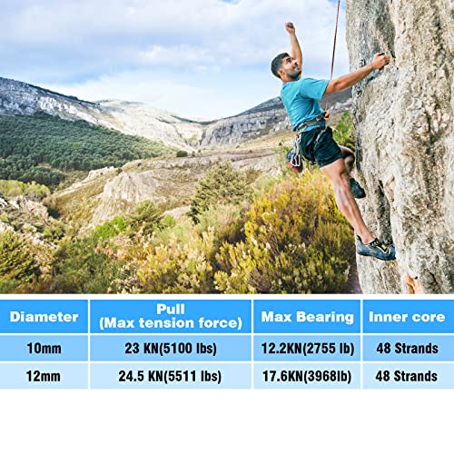 Defimob Climbing Rope,12Mm/ 10Mm Static Outdoor Rock With 2 Steel Hooks,32Ft/ 64Ft/ 96Ft/ 131Ft/ 164Ft Escape Rope, Safety Rappelling Rope Ice Climbing Equipment Fire Rescue Parachute #TOP2