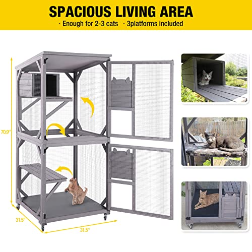 Aivituvin Cat Catio Outdoor Cat House Wooden Large Enclosure with Run on Wheels 70.9" Upgraded Version Catio with Reinforcement Strip,Waterproof Roof (Grey) - Image 3