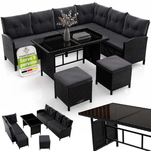 Juskys Lounge in polyrattan Manacor nero - Lounge da giardino con divano, tavolo, 2 sgabelli e cuscini - Set di mobili da giardino fino a 7 persone - Rivestimenti dei sedili color grigio
