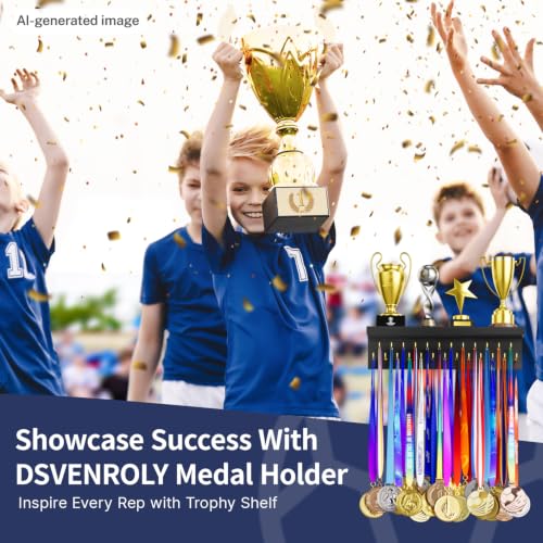 Image of Medal Holder Display Trophy Shelf Organizer, Sturdy Wooden Race Award Hanger Rack with 25 Steel Hooks, Wall Mount Storage Stand for Sports Fans, Cheer Success